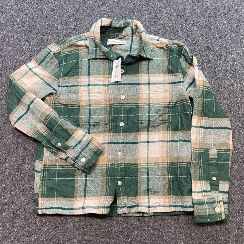 Abercrombie Kids Plaid Flannel Shirt Sz 9/10 Boys Skater Herringbone Pocket